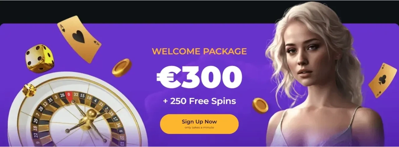 R2PBet welcome bonus banner with €300 and 250 free spins